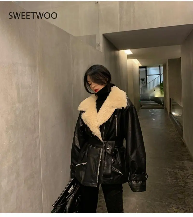 Autumn Winter Temperament Turn Down Collar Coats Zipper with Belt Women Loose Lamb Hair Pu Fur Jacket Contracted Dropshipping