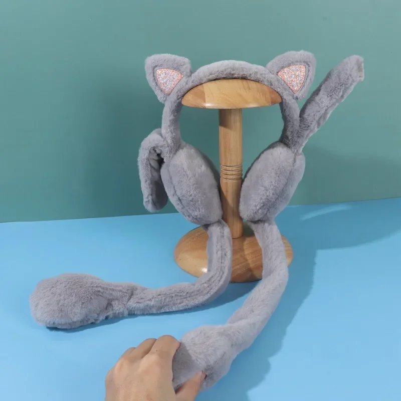 재미있는 봉제 고양이 귀마개 움직이는 점프 새끼 고양이 귀마개, 귀여운 유니섹스 동물 귀 플랩, 어린이 단색
