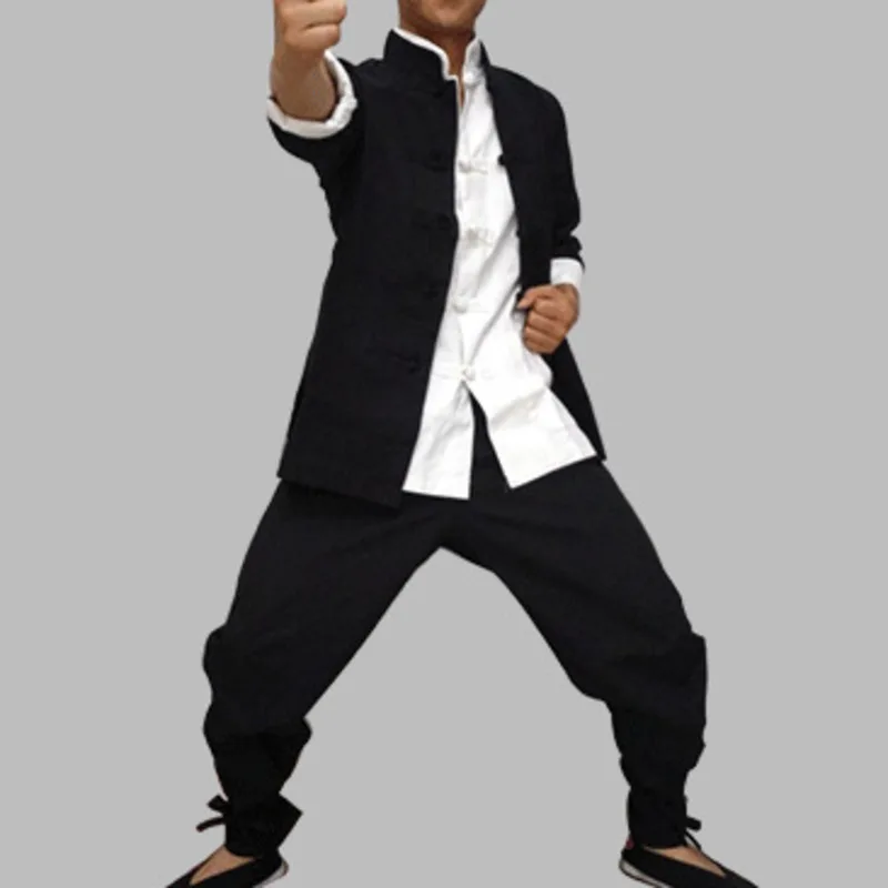 Men Chinese Traditional Tang Suit Set Kung Fu Practice Uniform Black Linen Shirt Pants Wing Chun Wushu Tai Chi Outfits