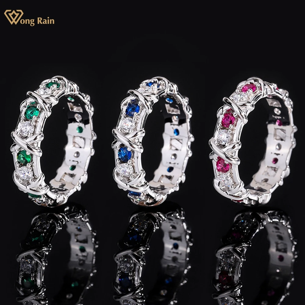 

Wong Rain Vintage 100% 925 Sterling Silver Lab Sapphire Ruby Emerald High Carbon Diamonds Gemstone Wedding Band Jewelry Ring