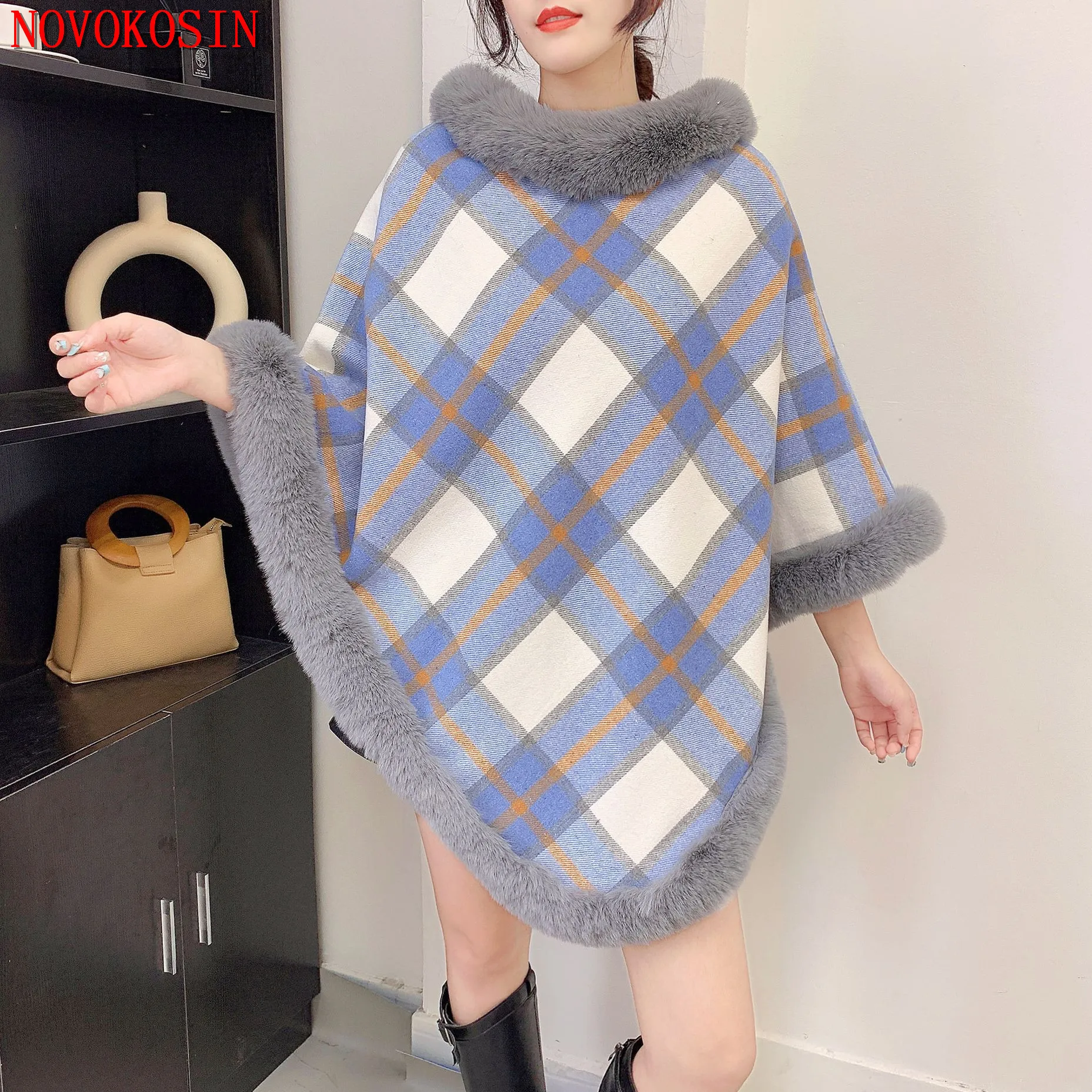 

5 Colors 2022 Women Loose Poncho Winter Knitted Striped Faux Rabbit Fur Sweater Triangle Long Shawl Pullover Out Streetwear Coat