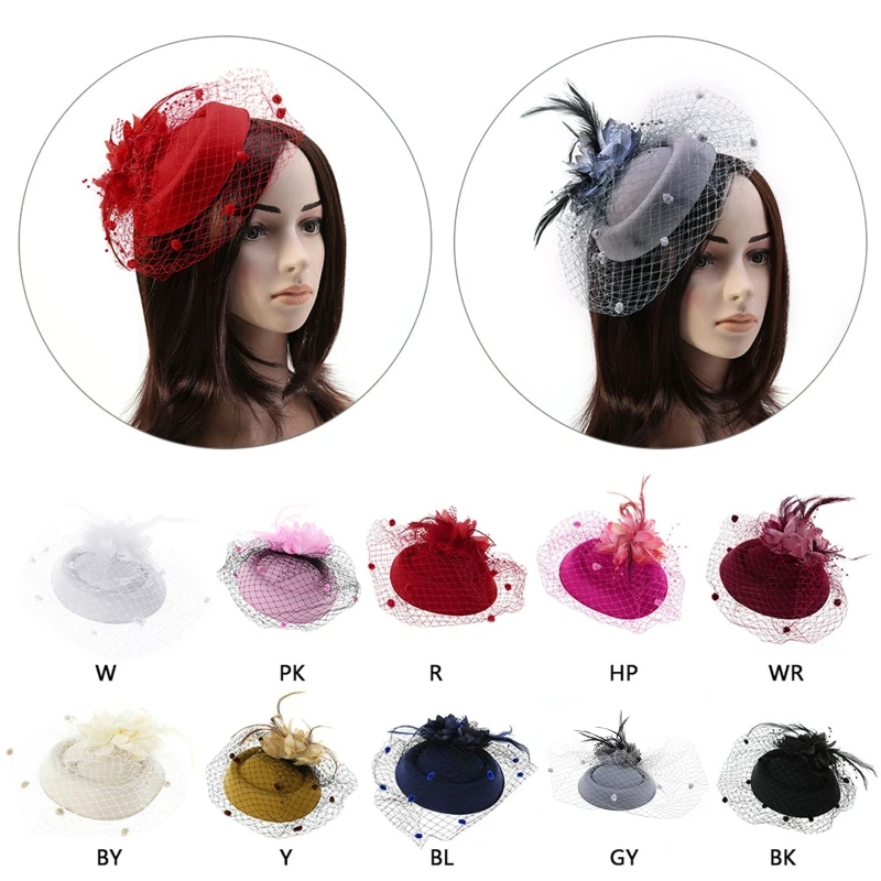 4XBE Fascinators Hats Solid Color Feather Flower Pillbox Hat Cocktail Tea Party Headwear with Veil for Girls and Women