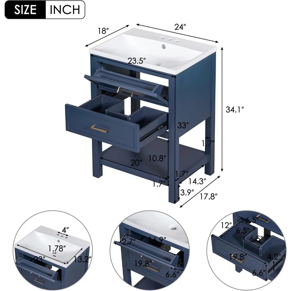 24" Bathroom Vanities with Ceramic Single Sink Combo, Modern Undermount Bathroom Sink Cabinet with 2 Drawers & Open Self 2