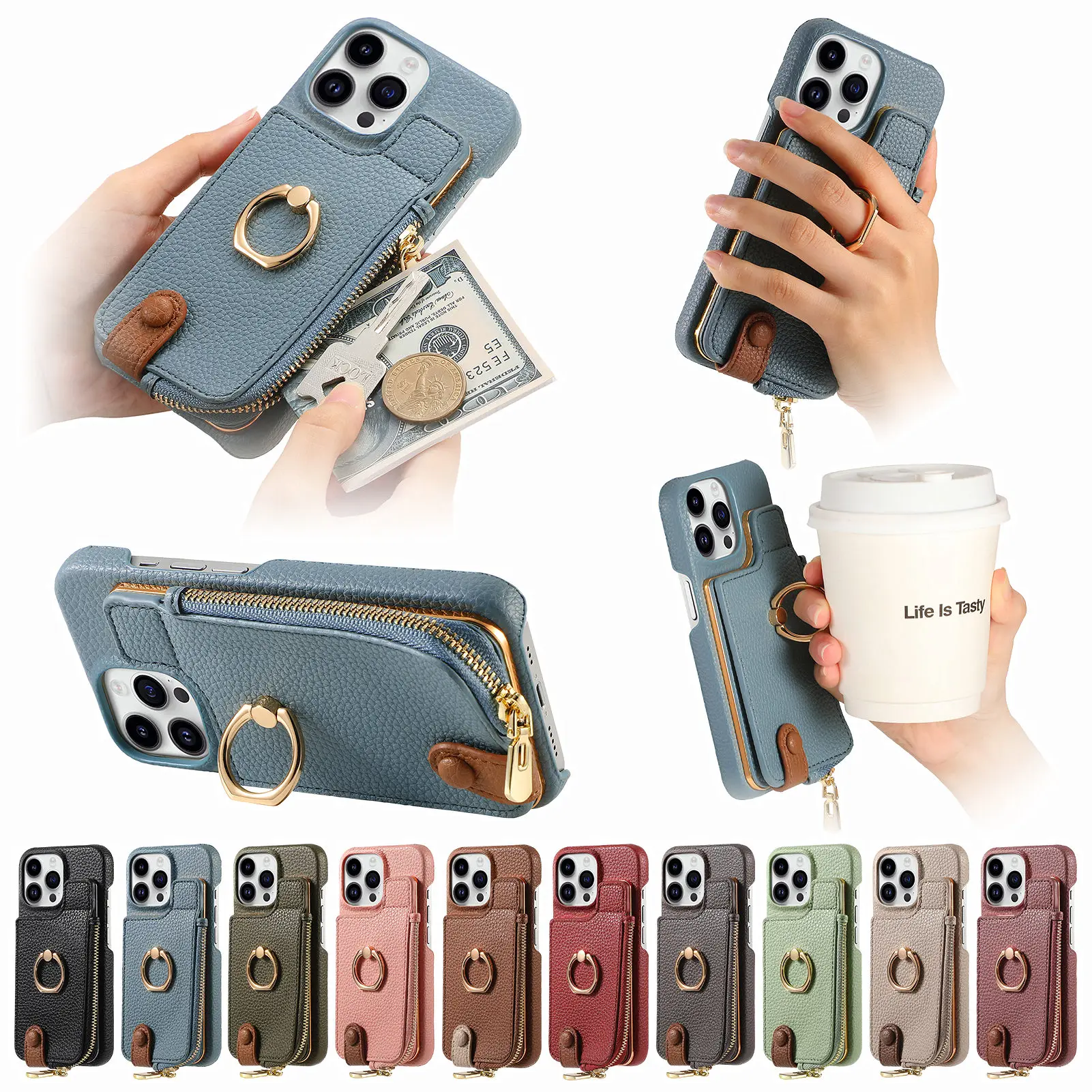 

Zipper Cards Solt Wallet Leather Ring Holder Case For iPhone 15 Pro Max 14 Plus 13 12 Mini 11 XR X XS 7 8 SE2022 Bag Purse Cover