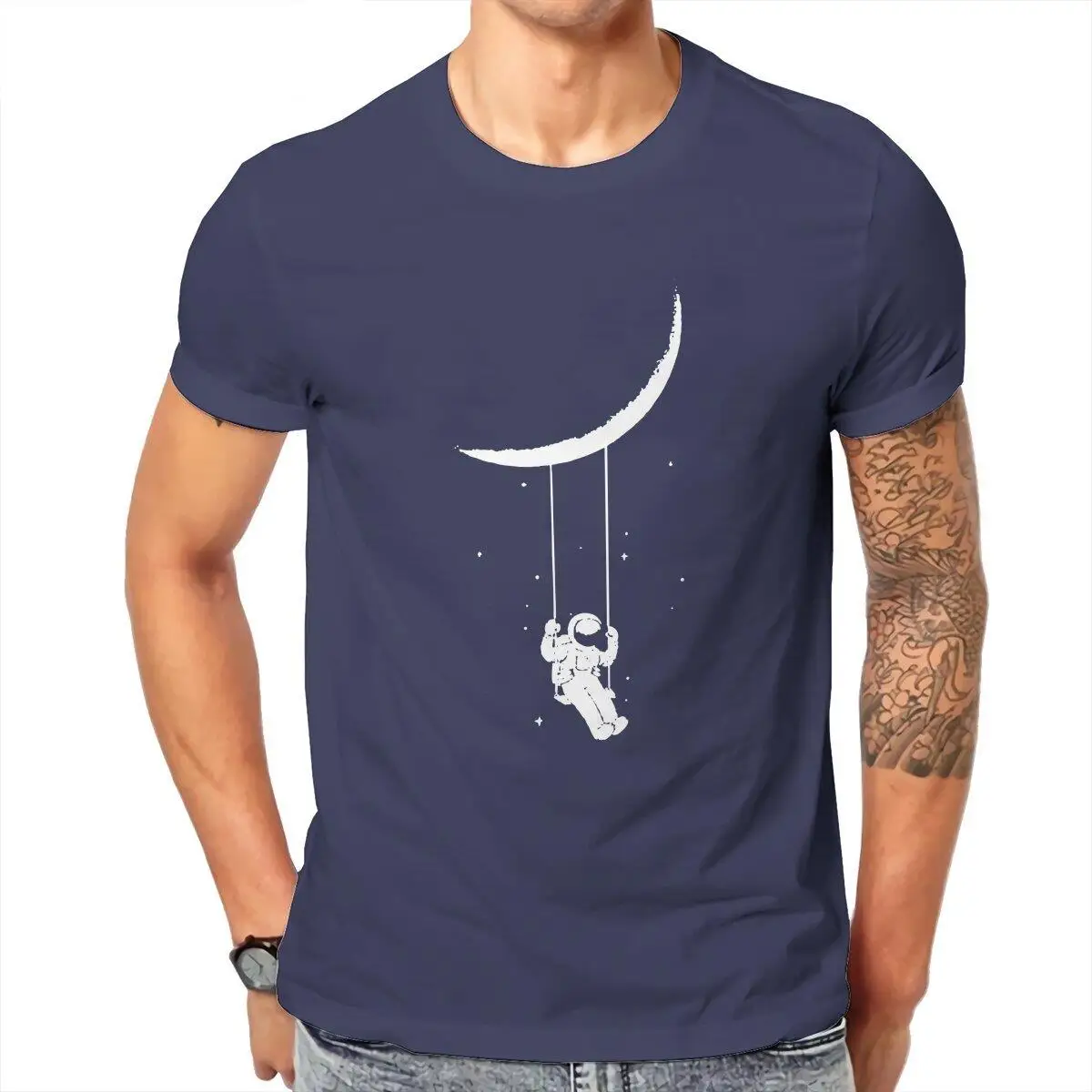 

Men's T-Shirt Moon Swing Astronaut Vintage Cotton Tee Shirt Short Sleeve T Shirts Crew Neck Clothes Summer