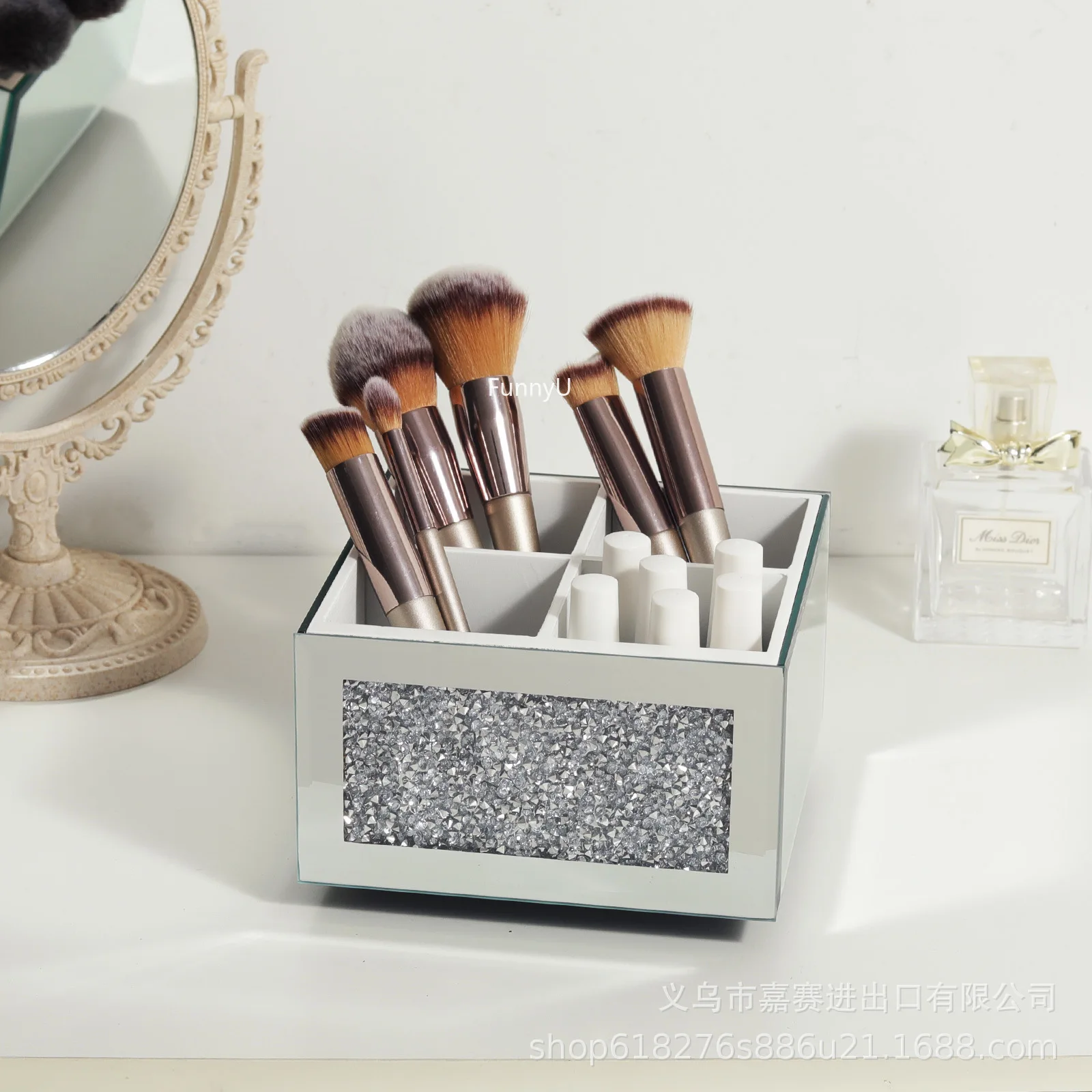 Crushed Diamond Makeup Brush Holder Organizer Glass Mirrored Remote Control Organiser Holder Container Accessories Desktop Decor 3