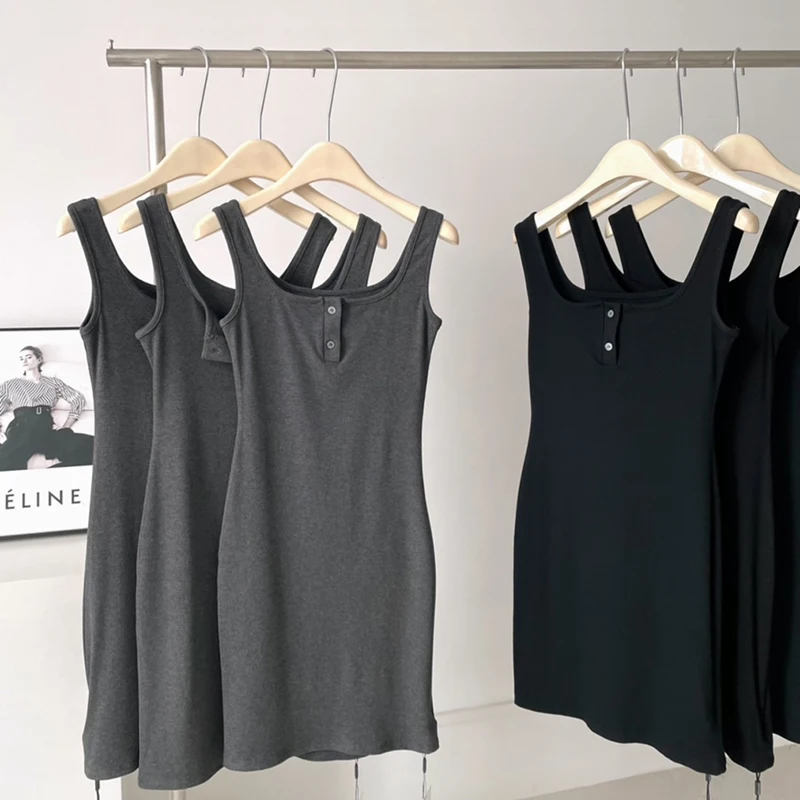 

High Quality Women Summer Dress 2023 Cotton Backless Sleeveless Buttons Design Bodycon Dress Vestido Base Black Midi Dress