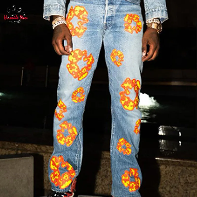 Top Quality 2024 New Hip Hop Streetwear Flame Kapok Pants Men Woman Casual Black Blue Unisex Jeans Trousers