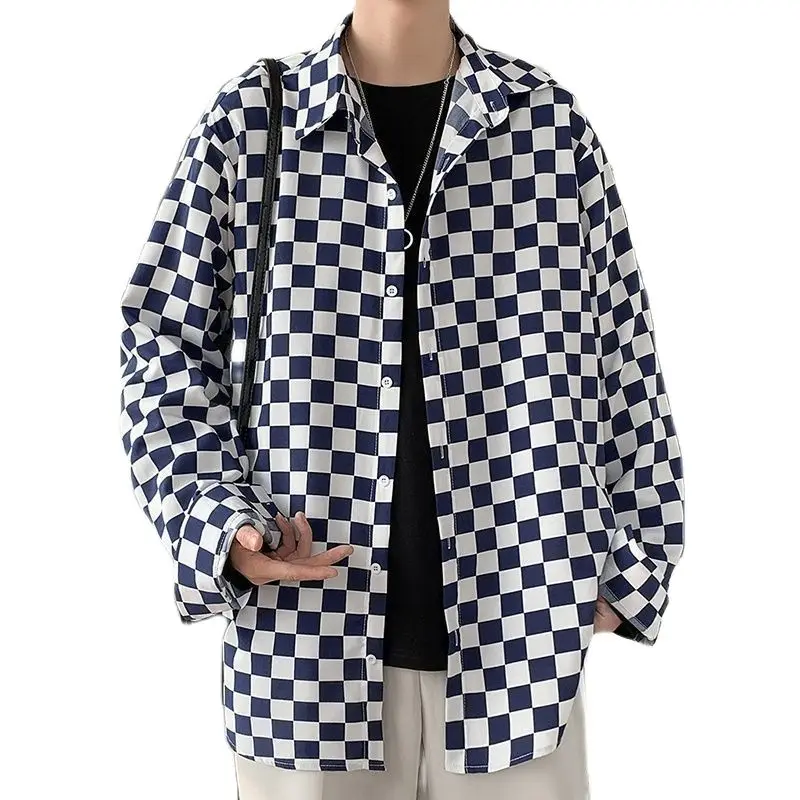 

Spring Oversize Checkerboard Shirts Men Clothing Baggy Blouse Fashion Korean Street Long Sleeve Button Coat Tops Male Plus Size