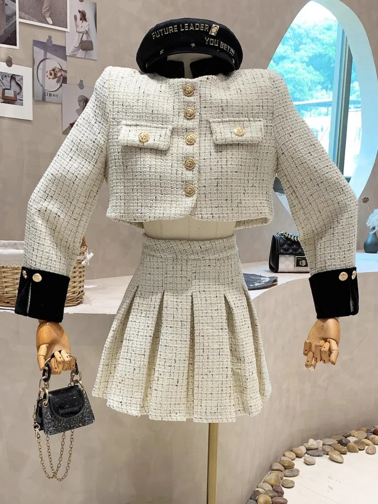 

Fashion Small Fragrance Stripe Splicing Long Sleeve Blazer Pleated Skirt For Women Winter 2023 New Fashion Tweed Two-piece Set