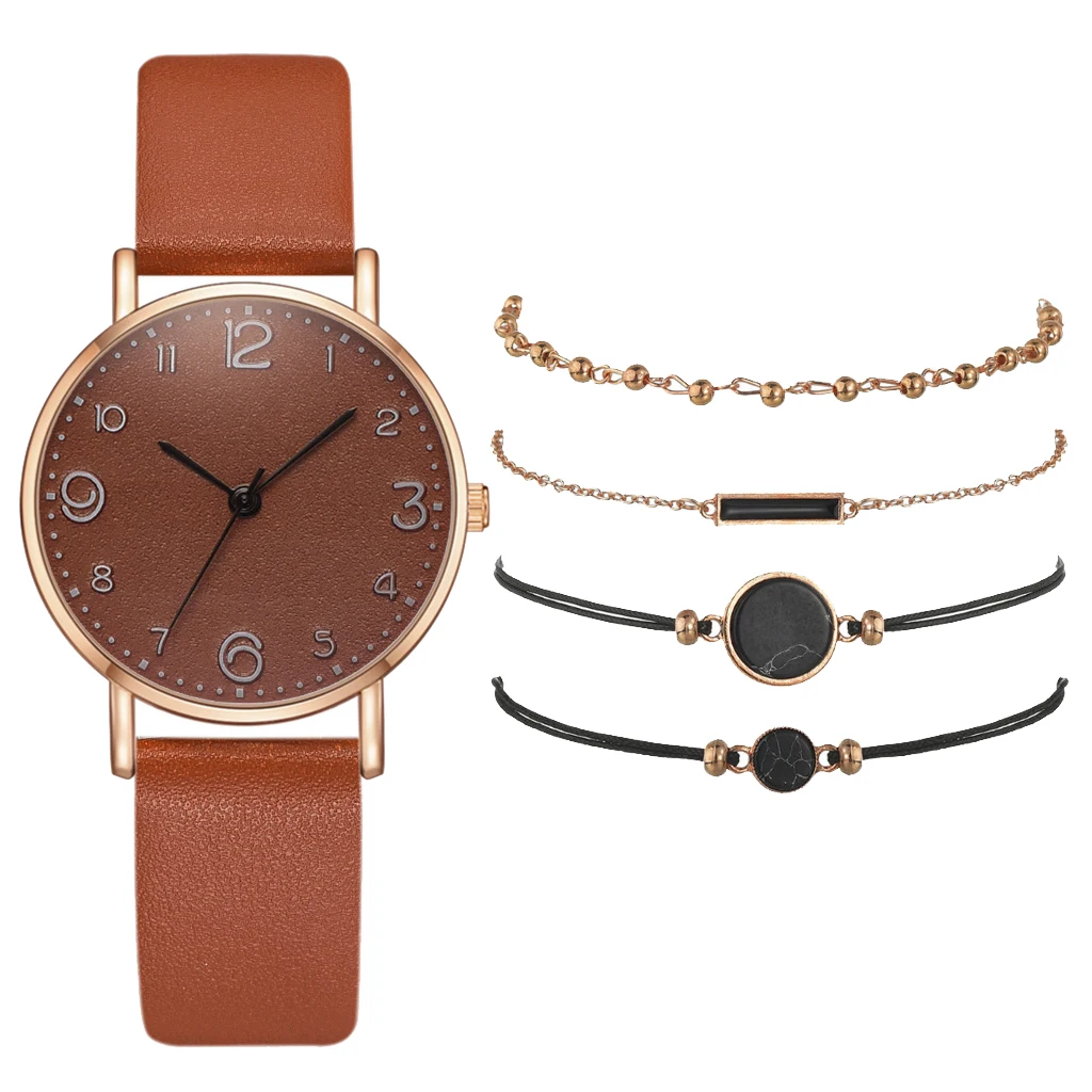 5pcs Set Watch For Women Luxury Leather Analog Ladies Quartz Wrist Watch Top Style Fashion Bracelet Watch Set Relogio Feminino 