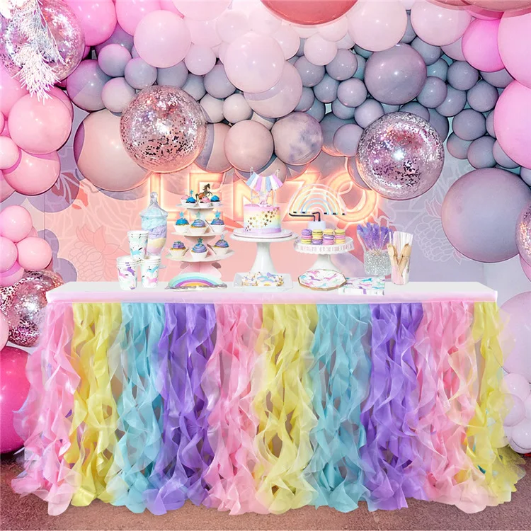 Tassel Double Layer Curly Willow Table Skirt Lace Taffeta Table Skirt Tutu Tulle Birthday Party Decor Baby Shower