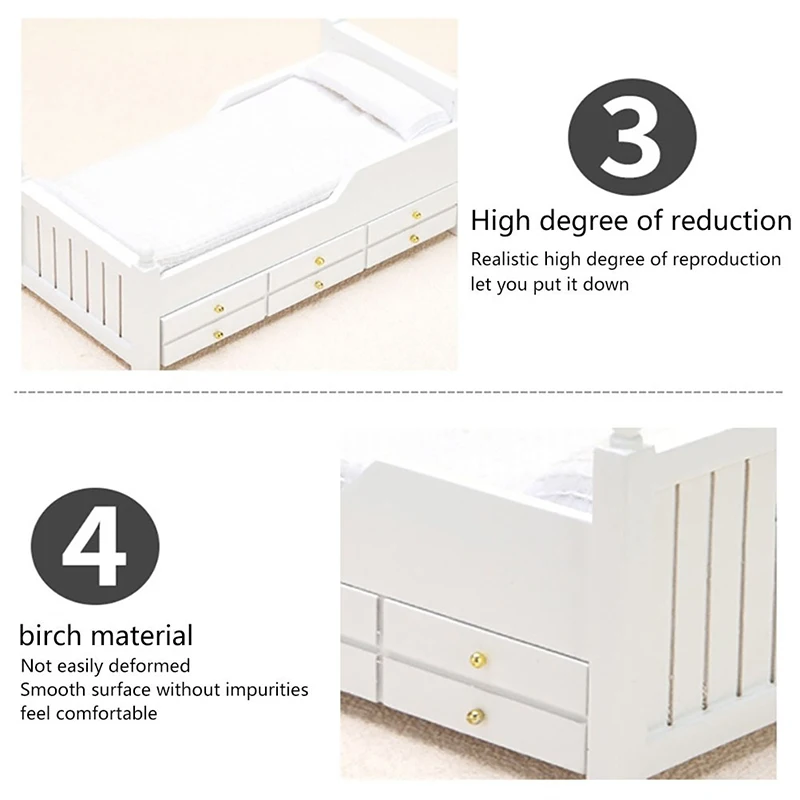 1:12 Dollhouse Miniature Bed White European Single Bed With Drawer Bedroom Furniture Model Decor Toy Doll House Accessories