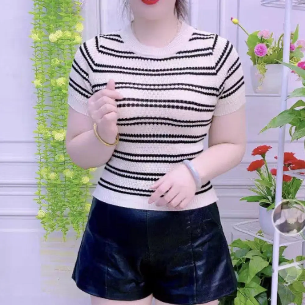 All-match Ins Short Sleeve Crop Top Slim Fit Female Clothing Stripe Knitted T-shirt Sweet Bottoming Shirt Knitwear Women Female