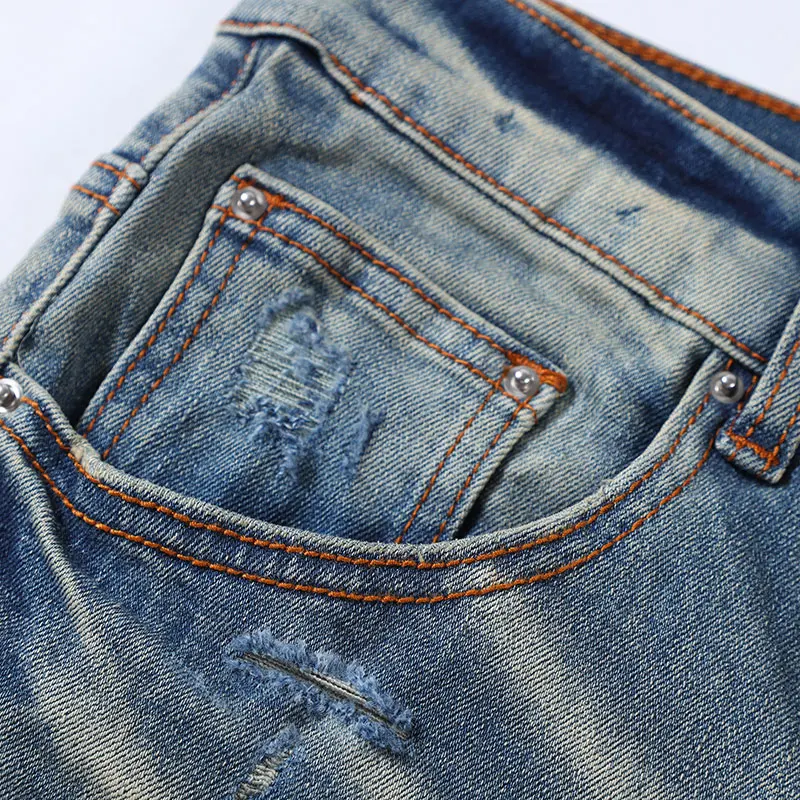 Street Fashion Men's High Quality Jeans Vintage Washed Blue Elastic Slim Fit Split Jeans Men's Pink Leather Panel Designer Hip H