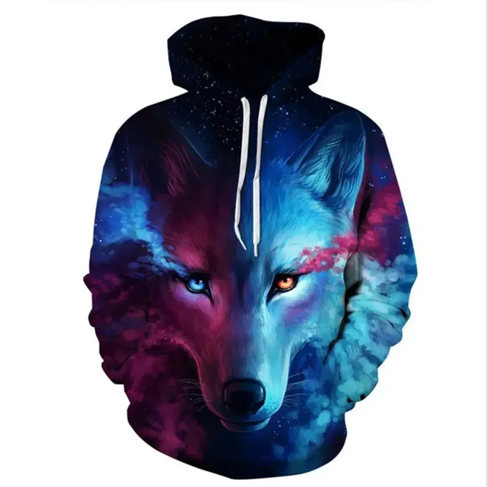 2024 Fashion Wolf Pattern Sweatshirts For Men Funny Animal Print Hoodie Hip Hop Trend Harajuku Autumn Pullover Y2k Clothes