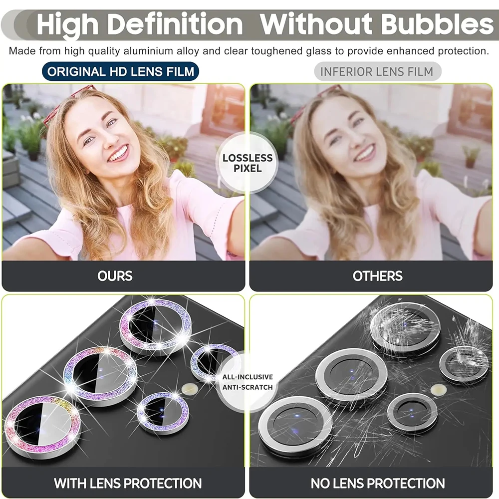 Glitter Bling Camera Lens Protector with Aluminum Alloy Ring and Alignment Board