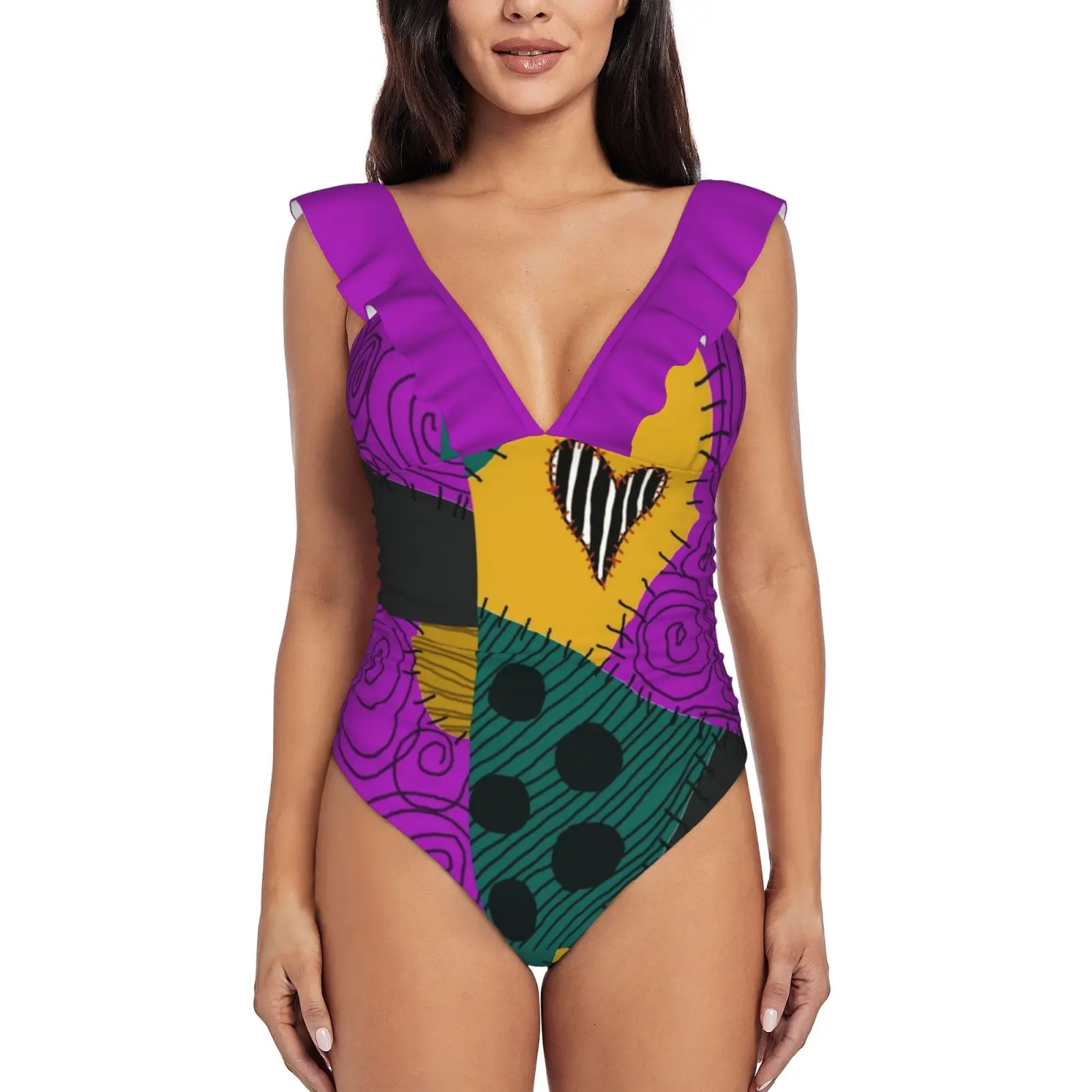 Sally'S New Patch Women Printed One Piece Swimwear Sexy Backless Swimsuit V Neck Summer Beach Wear Nightmare Before Christmas