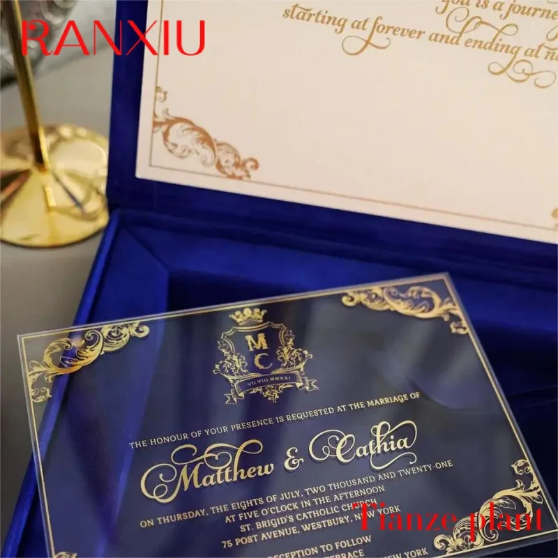

Custom Luxury Royal Blue Velvet Box Invitations Wedding Invitation Card High Quality Acrylic Custom Logo Wedding Invitations