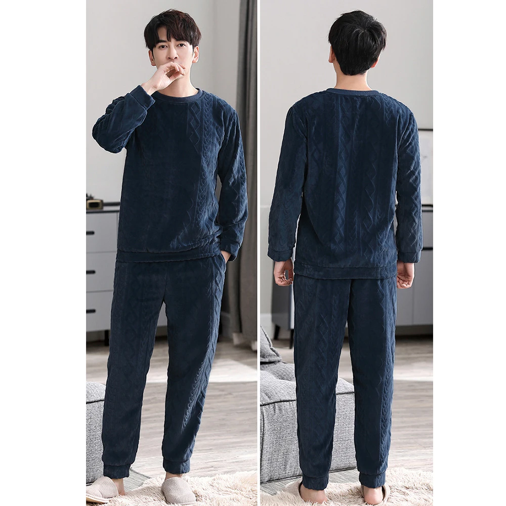 4XL Men's Winter Big Size Pajamas Set Thicken Double-sided Coral Fleece Pajama Man Casual Solid Sleepwear Soft Warm Pyjama Homme