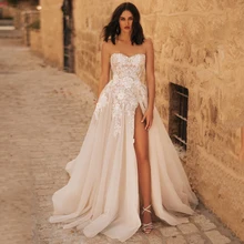 

Sexy Beach Wedding Dress 2022 Sleeveless Sweetheart Applique Soft Tulle A Line Bridal Gown for Women High Slit Bride Dresses