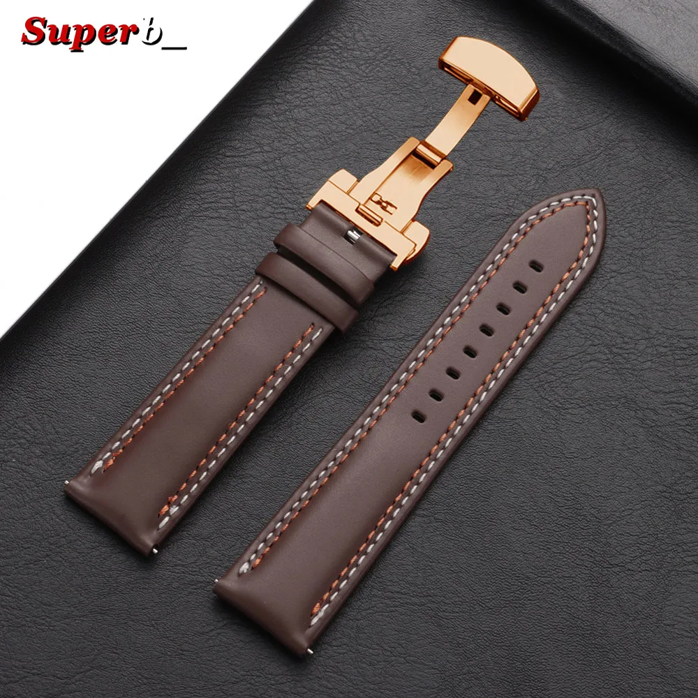Premium Genuine Calfskin Leather Watch Strap with Butterfly Buckle and Dual Stitching