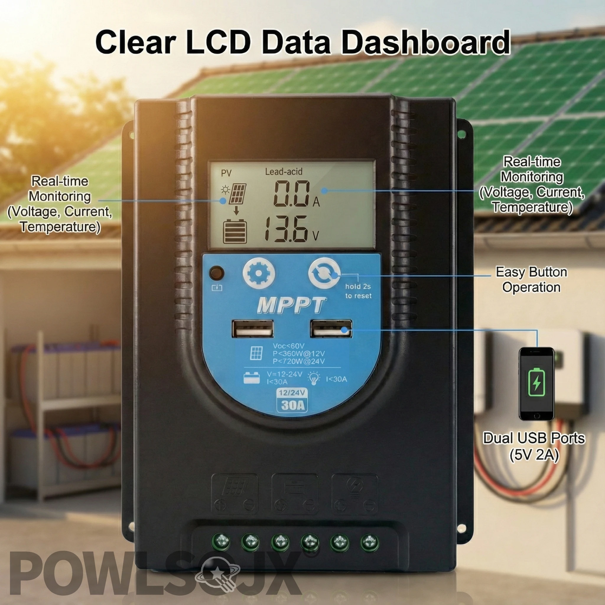 30A MPPT Solar Charge Controller 12V/24V Auto Fan Cooled Regulator for LiFePO4