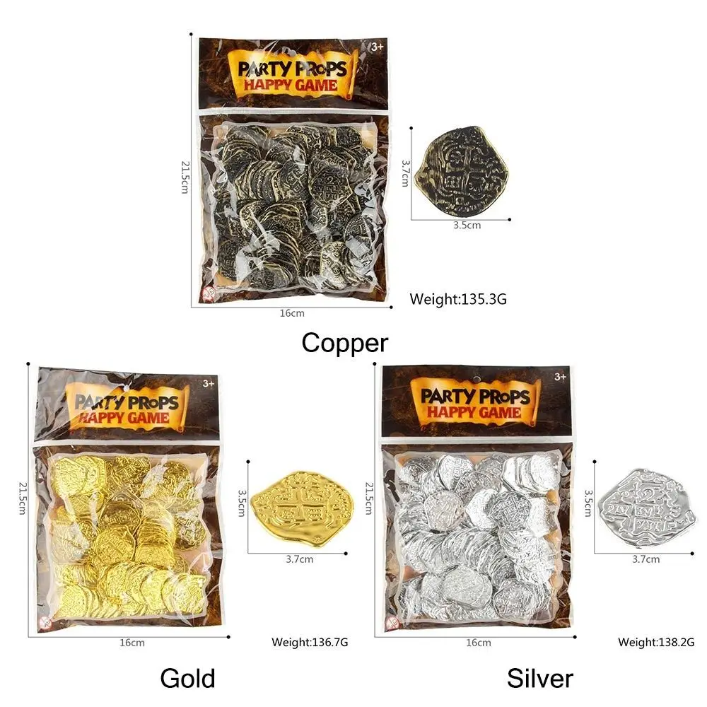 100PCS Halloween Pirate Treasure Coins Gold Silver 3.7*3.5cm Plastic Game Currency Toy Coins Photo Props Festival Ornament