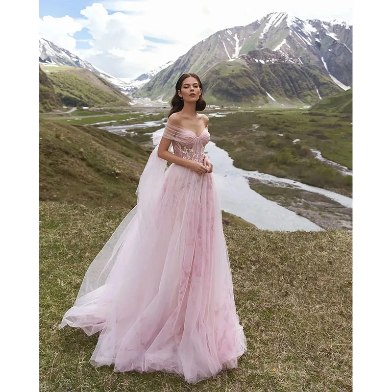 

Exquisite Evening Dresses Off Shoulder Tulle Applique Illusion Bow Floor Length Custom Made Princess Bridal Dress