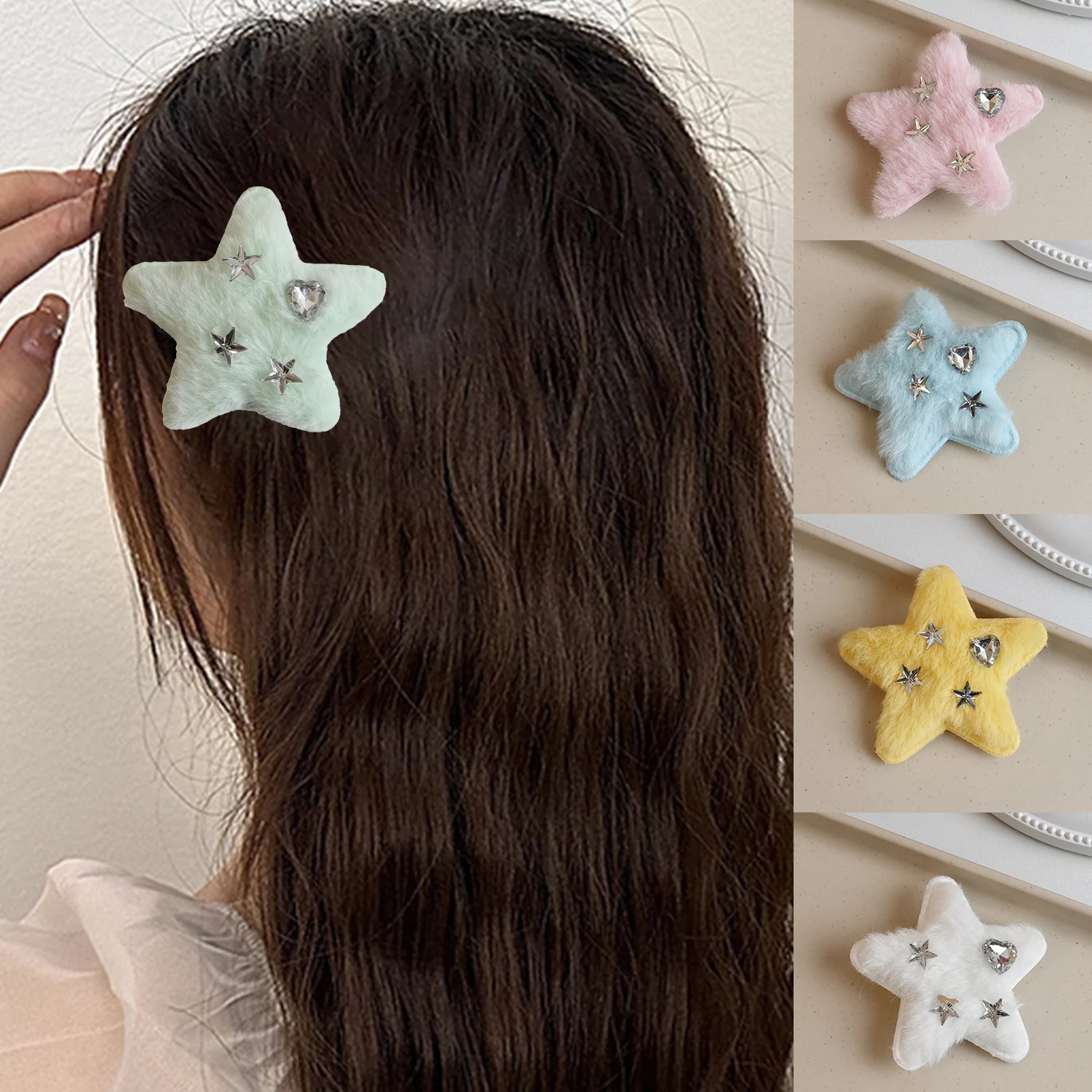 

Korean Y2k Star Hairpins Plush Girls Rhinestone BB Clip Cute Sweet Winter Pentagram Hair Clips Women Hair Accessories