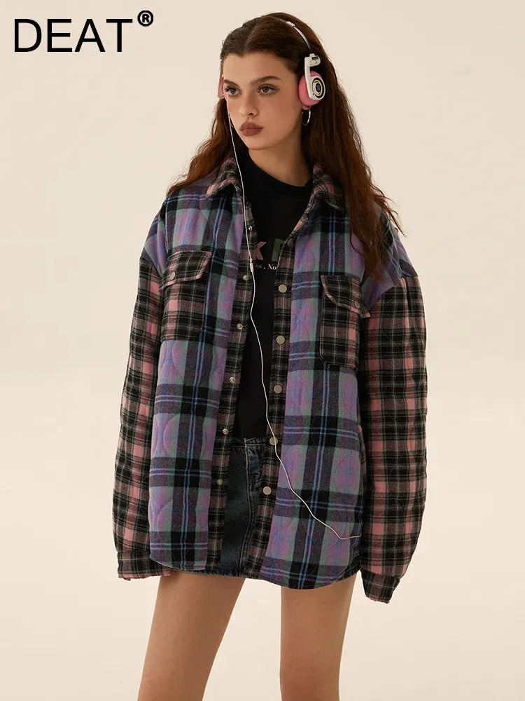 

DEAT Fashion Women's Plaid Cotton-padded Coat Lapel Contract Color Cotton Pockets Parka Jackets Winter 2023 New Tide 7AB1878