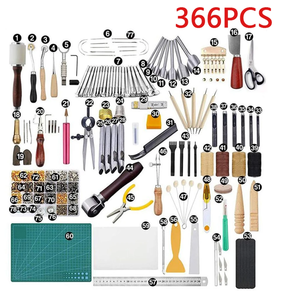 366pcs/set Leather Working Tools kit Supplies Leather Craft Processing  Tools with Instructions leather stamp set five claw punch