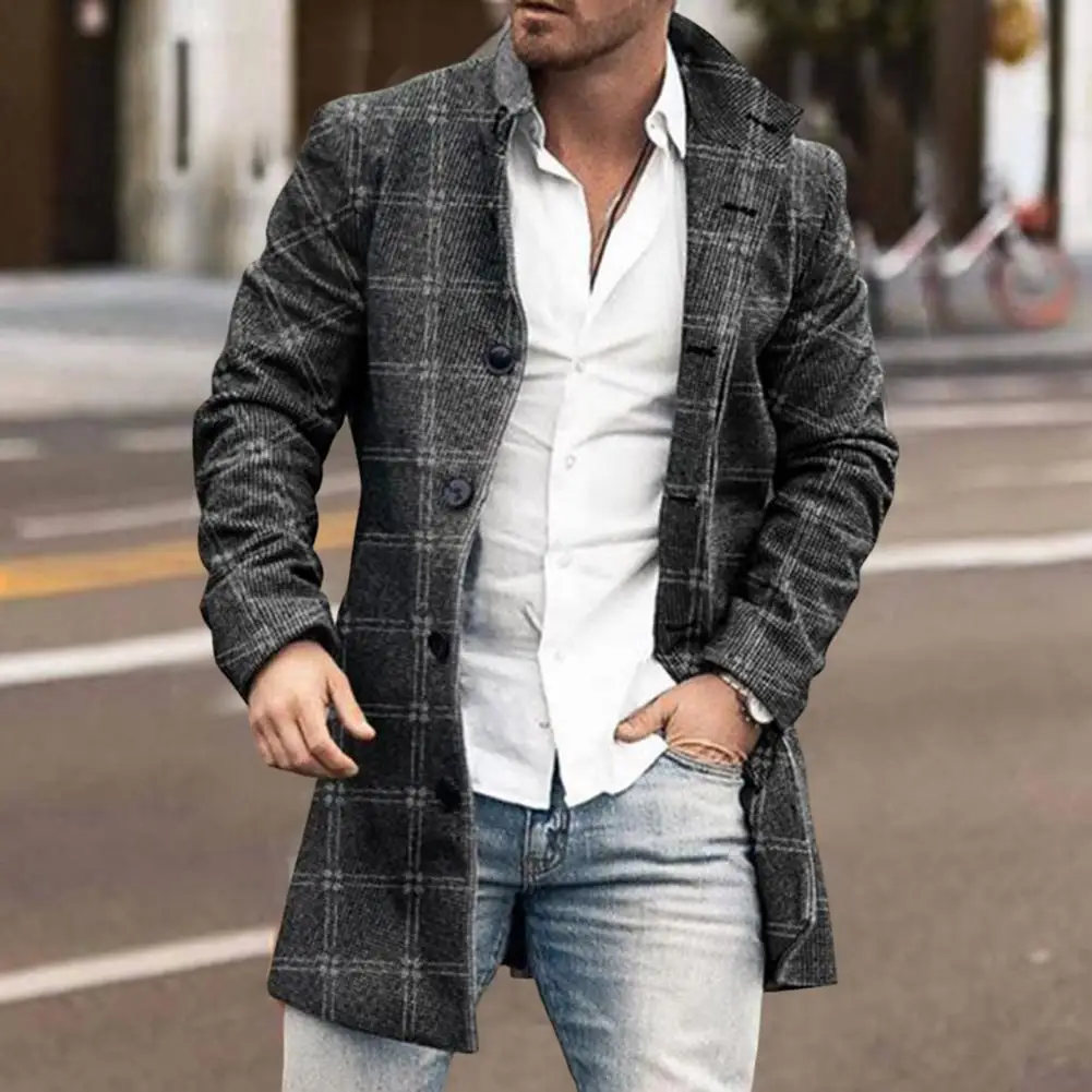 

Simple Men Jacket Mid-length Long Overcoat Single-breasted Warm Pockets Trench Coat All Match