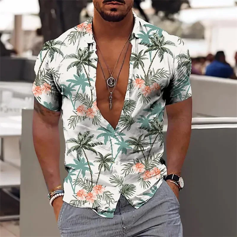New Cuban color shirt coconut tree 3D digital print men's shirt party beach loose Hawaiian shirt men's clothing men tops