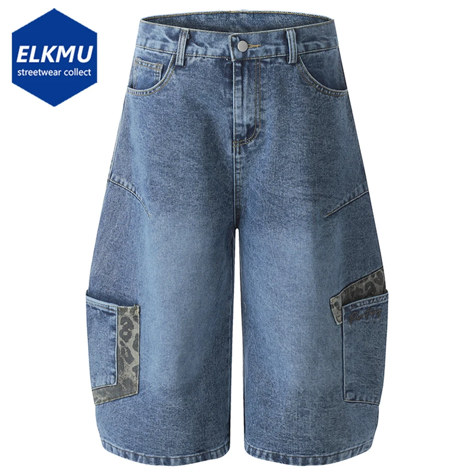 Vintage Baggy Denim Shorts Leopard Patchwork Loose Blue Jeans Shorts Men Summer Streetwear Harajuku Hip Hop Cargo