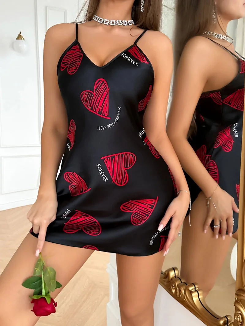 Valentine's Day Red Lip Print Satin Slip Nightdress V Neck Backless Mini Sleep Dress Women's Sleepwear Dresses