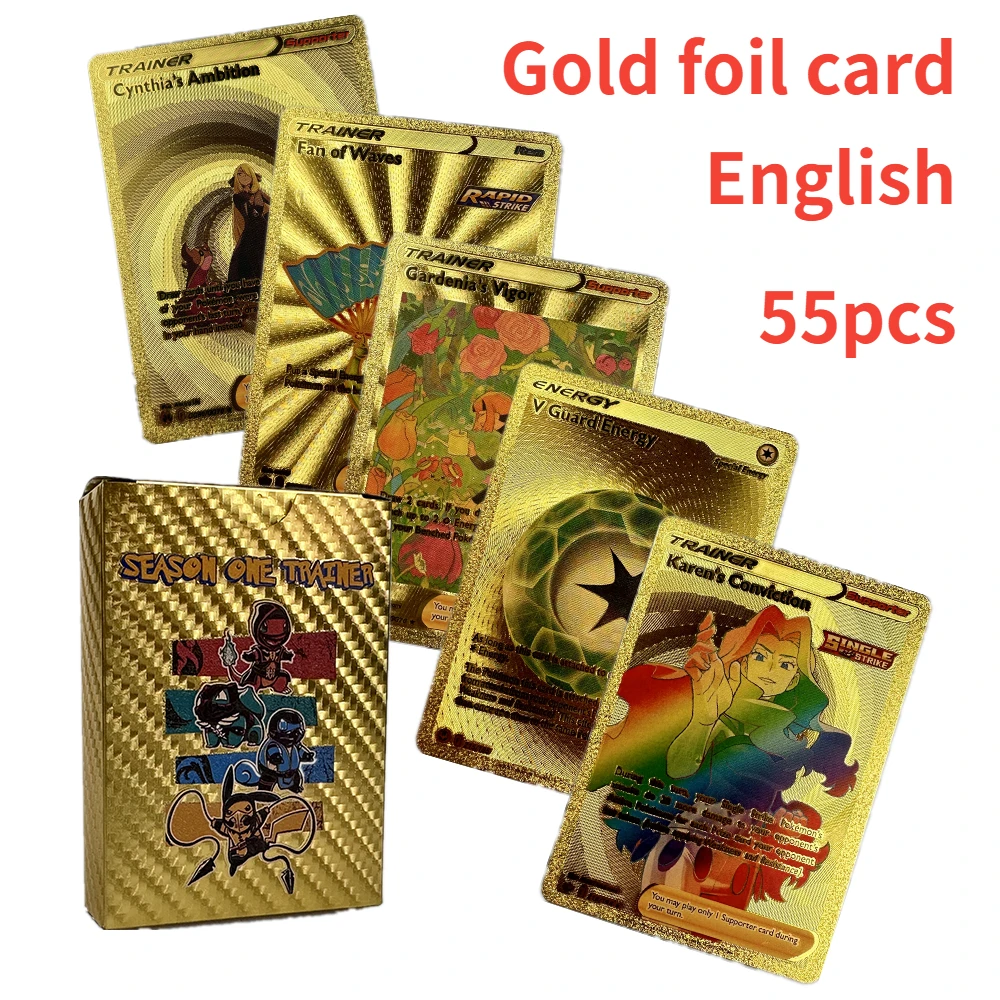 

55pcs Pokemon Season One Game Collection Cards Original English Gold Foil Pikachu Rainbow Energy Trainer Battle Kids Gifts