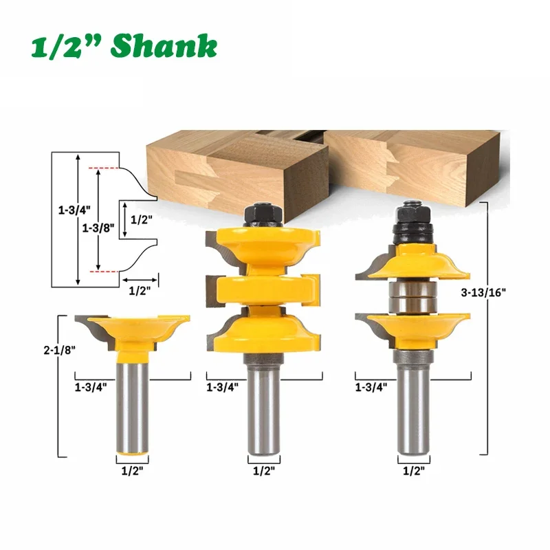 

3PC/Set 1/2" 12.7MM Shank Milling Cutter Wood Carving Entry Interior Tenon Door Router Bit Set Ogee Matched R&S Router Bits Wood