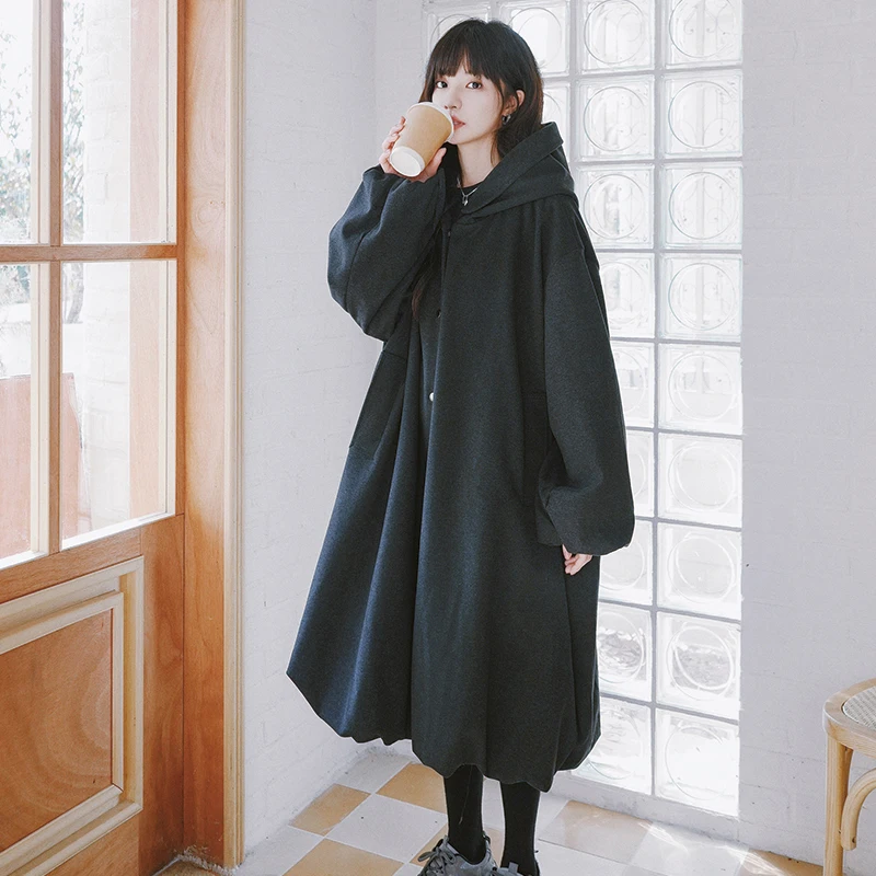 

Deep Gray Loose Long Hooded Wool Coat Women 2023 Autumn Winter Streetwear Chic Gothic Casual Overcoat Cloak Jacket Female 8627