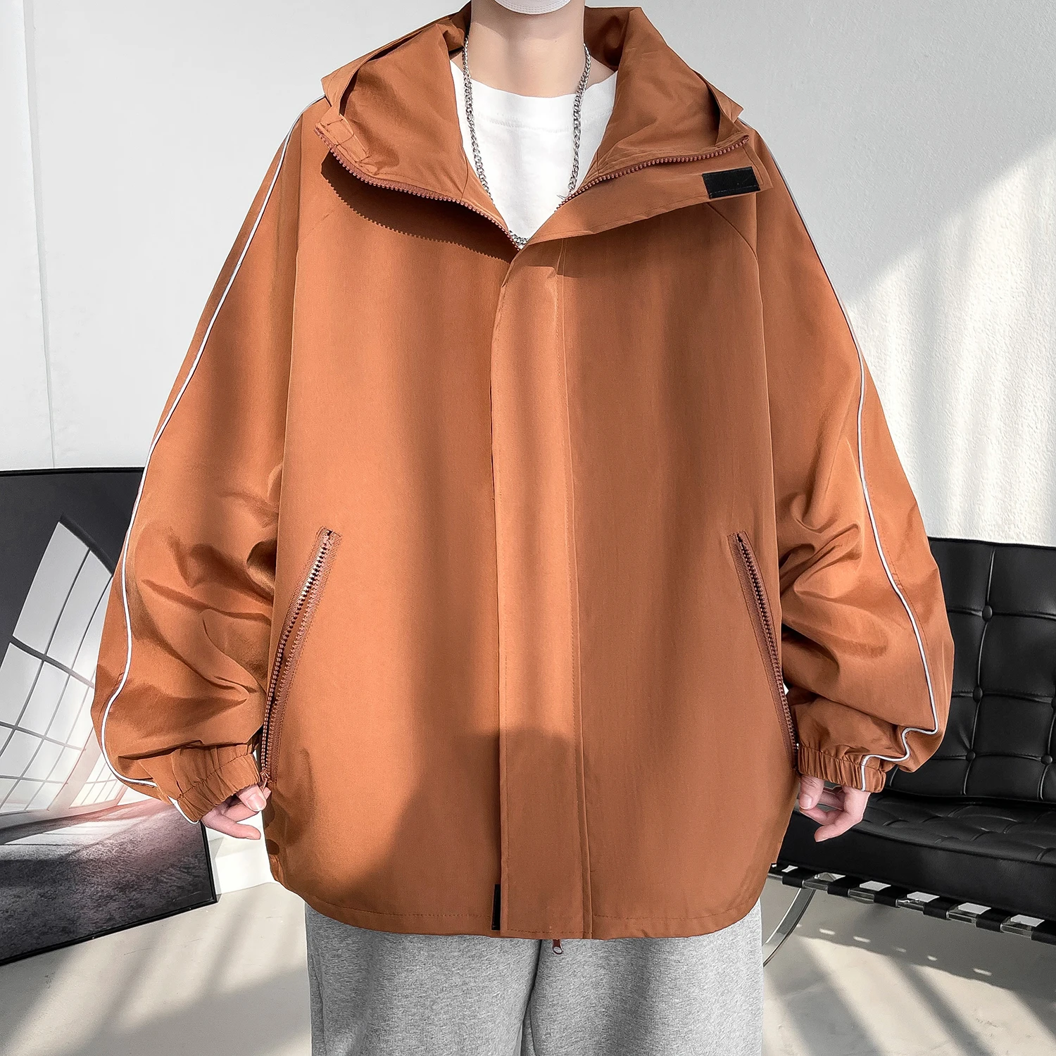 남성용 후드 재킷, 용수철 신상 솔리드 코트, 루즈 오버사이즈 탑, 패셔너블 다용도 의류, 얇은 학생 교복 지퍼