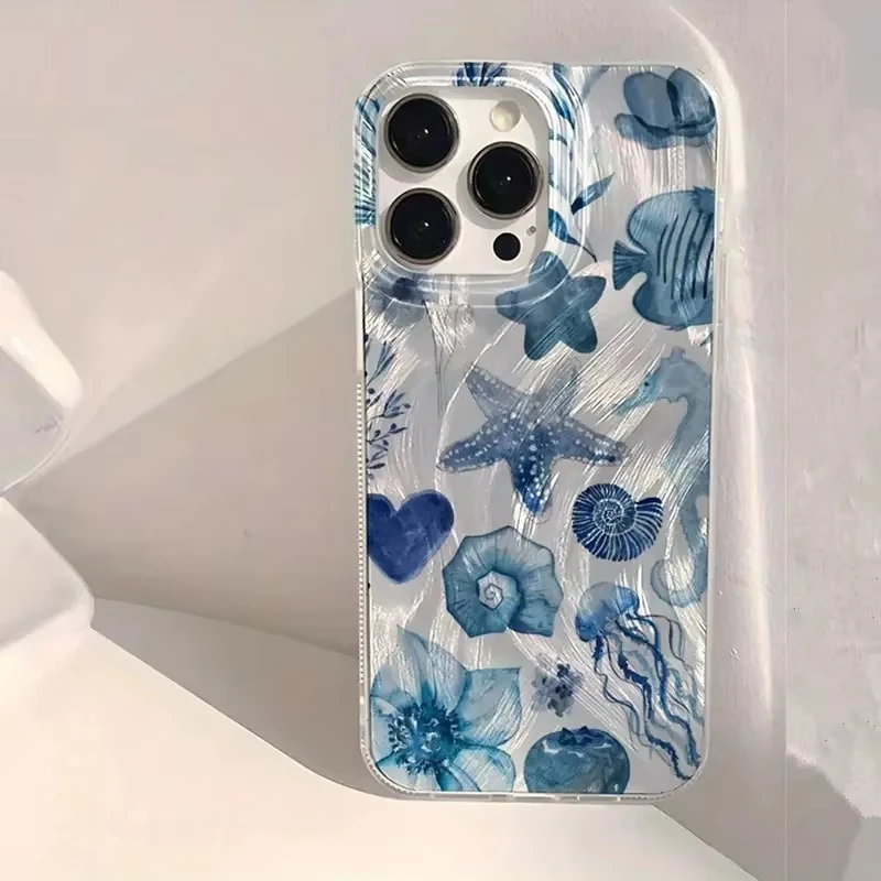 Chiffon Texture Lip Print Phone Case in Blue Ocean Element Design