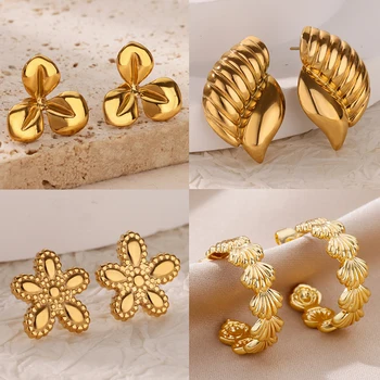 Gold Color Flower Earrings for Women Stainless Steel Conch Stud Earrings Fashion Wedding Ear Piercing Jewelry Christmas Gift