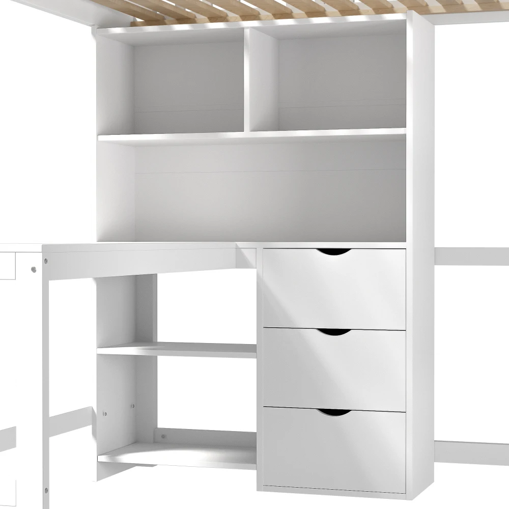 Modernes Hochbett, 90 x 200 cm, Kinderzimmerbett, mehrere Stauraumfächer, Leiter, Schreibtisch, 3 Schubladen, ohne Matratze, weiß – Detail 28