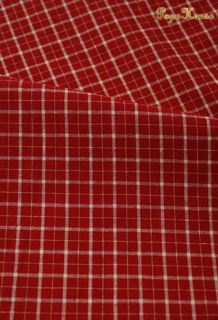 Retro Vintage Red Blue Linen Grid Striped Woven Cotton Fabric for Sewing and Home Décor