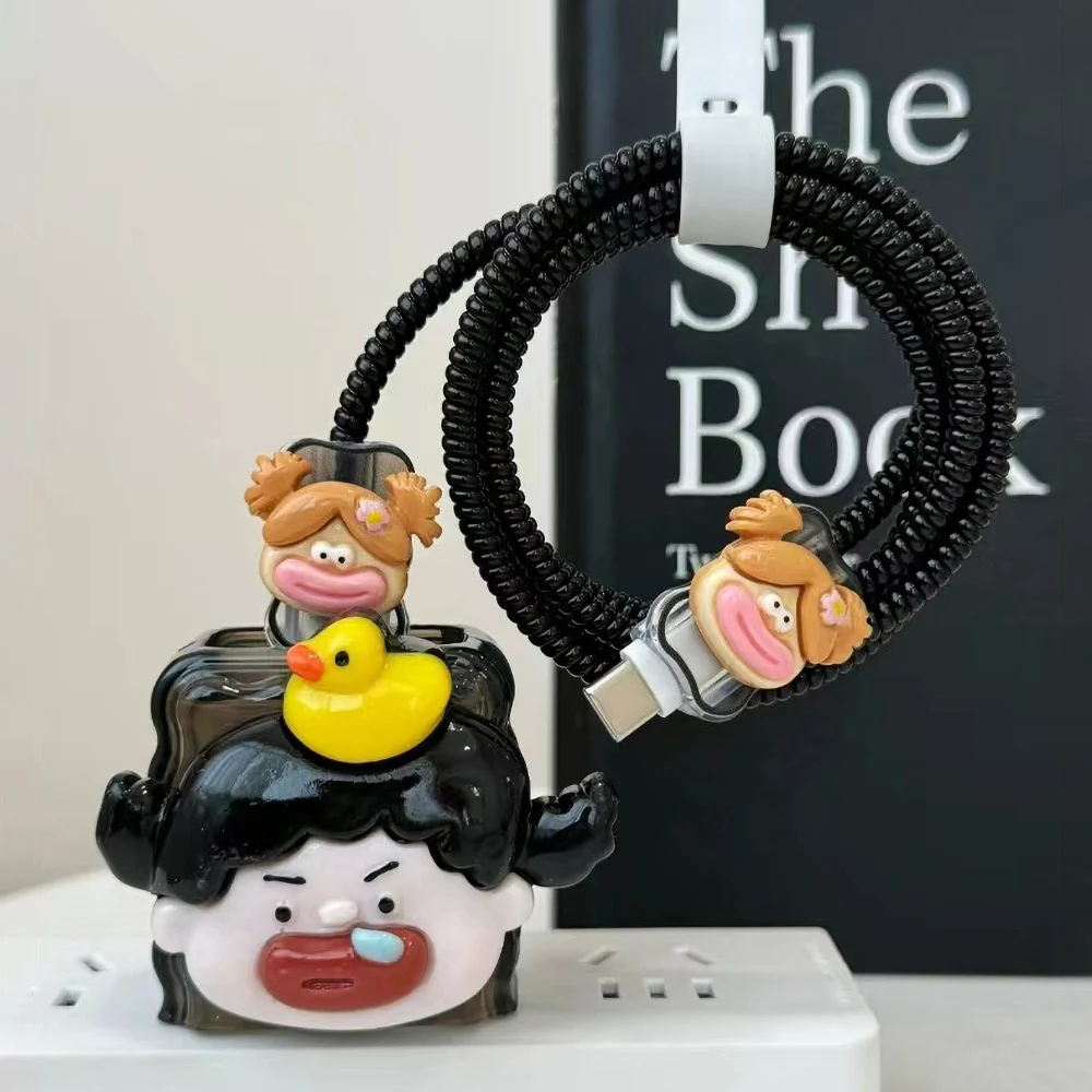Funny Girl Charger Cable Protector US 18W 20W For iPhone 16 11 15 12 14 Pro Max 16 Plus Charger Head Cable Cord Winder Protect