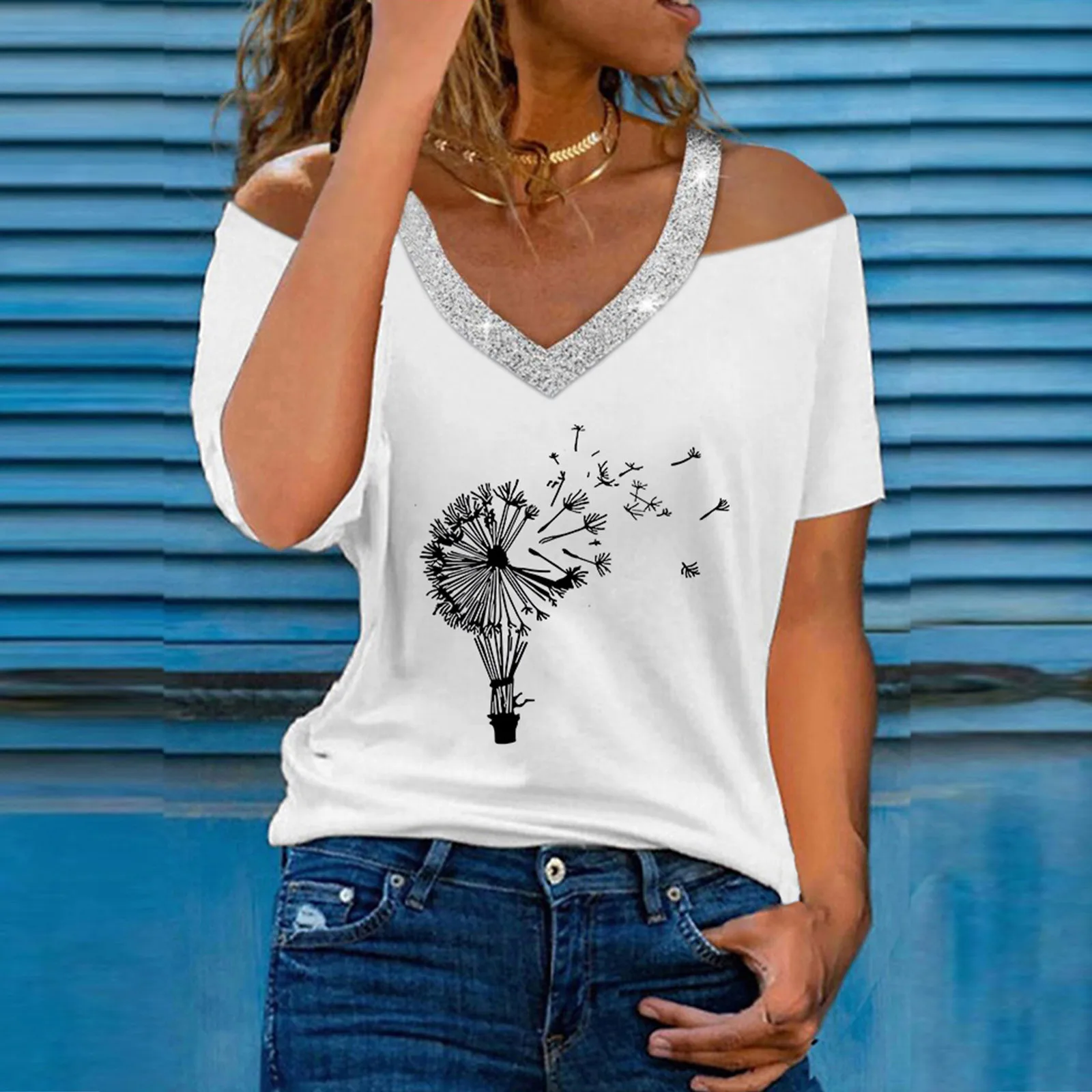 

Женская летняя футболка с V-образным вырезом, открытыми плечами, принтом одуванчика, коротким рукавом, топ, блузка