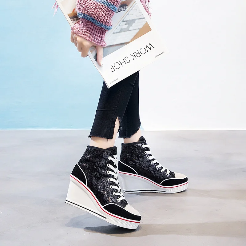 8cm High Heel Canvas Shoes Women Slope Heel Wedge Shoes Sequin Lace Up Muffin Bottom Leisure Thick Soled High Top Shoes