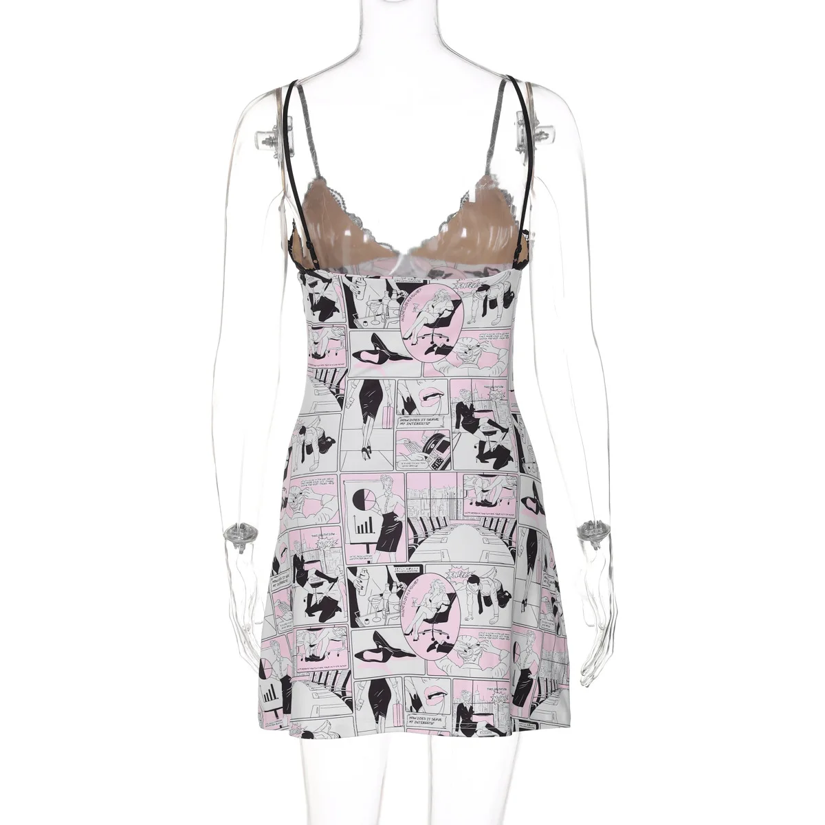 Lace Printed Fashion Halter Dresses Women's Sexy V-Neck Backless Contrast Spaghetti Night Club Clothes Female Mini Dress