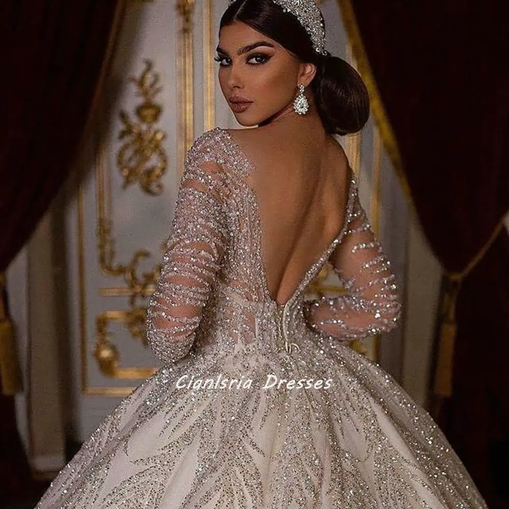 Exquisite Deep V-Neck Long Sleeve Dubai Ball Gown Wedding Dress Sparkly Crystal Appliques Backless Saudi Arabic Bridal Gown 4
