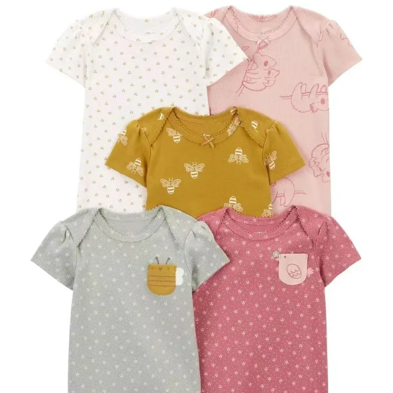 Kids 5pcs Cotton Cartoon Strap Baby Bodysuits Short Sleeve Soft Newborn Outfits for Boys Girls Infant Clothing Gift Set